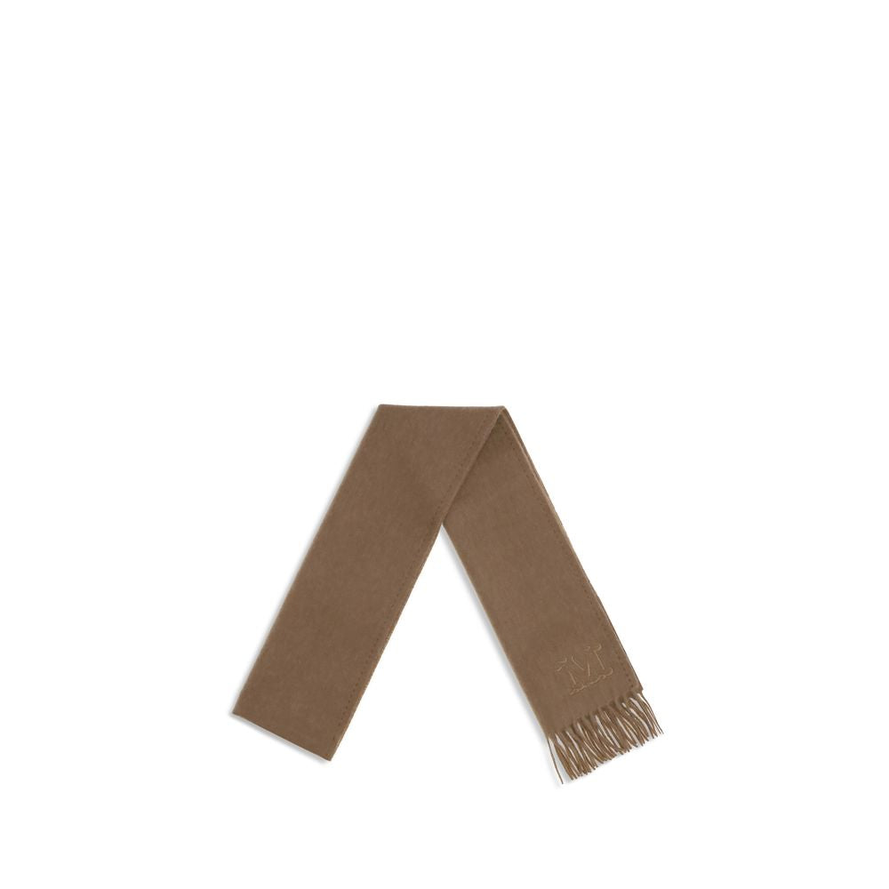 Max Mara Camel Scarf displayed in full length showing elegant brown tone, fringe edges, and subtle logo, perfect for stylish layering.