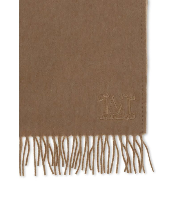 Close-up of Max Mara Camel Scarf featuring fine fringe trim and tonal embroidered 'M' logo, highlighting luxury accessory craftsmanship.