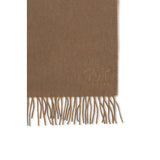 Close-up of Max Mara Camel Scarf featuring fine fringe trim and tonal embroidered 'M' logo, highlighting luxury accessory craftsmanship.