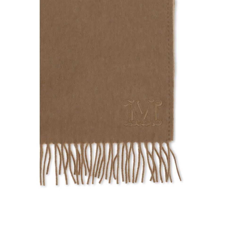 Close-up of Max Mara Camel Scarf featuring fine fringe trim and tonal embroidered 'M' logo, highlighting luxury accessory craftsmanship.