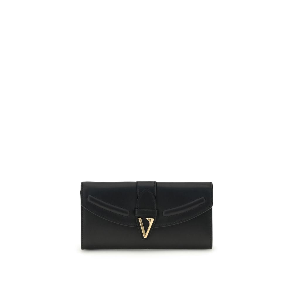 Versace Chain Wallet in black leather with gold V-logo clasp, ideal for women's luxury accessories and fashion-forward styling.