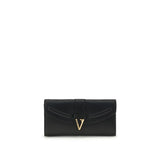 Versace Chain Wallet in black leather with gold V-logo clasp, ideal for women's luxury accessories and fashion-forward styling.