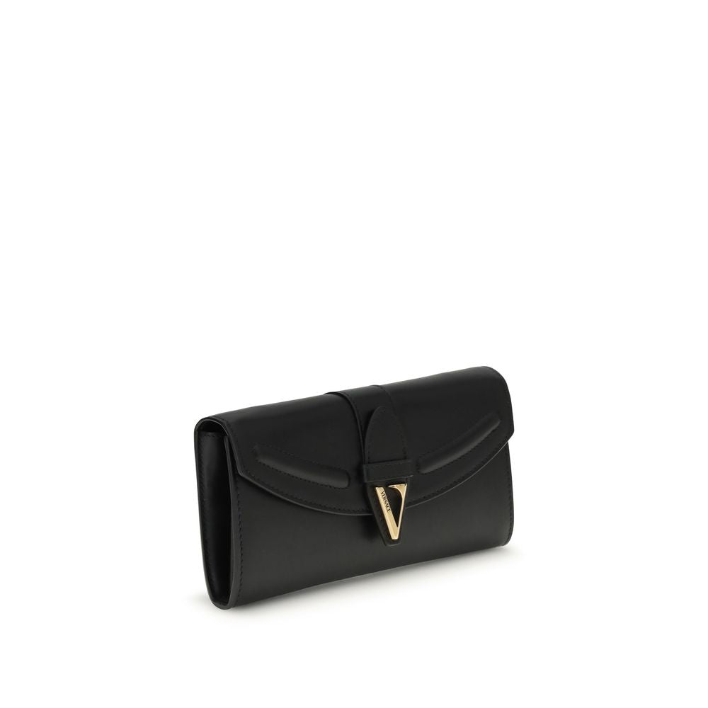 Side view of Versace Chain Wallet showcasing sleek black leather design and elegant gold-tone hardware for upscale accessory appeal.