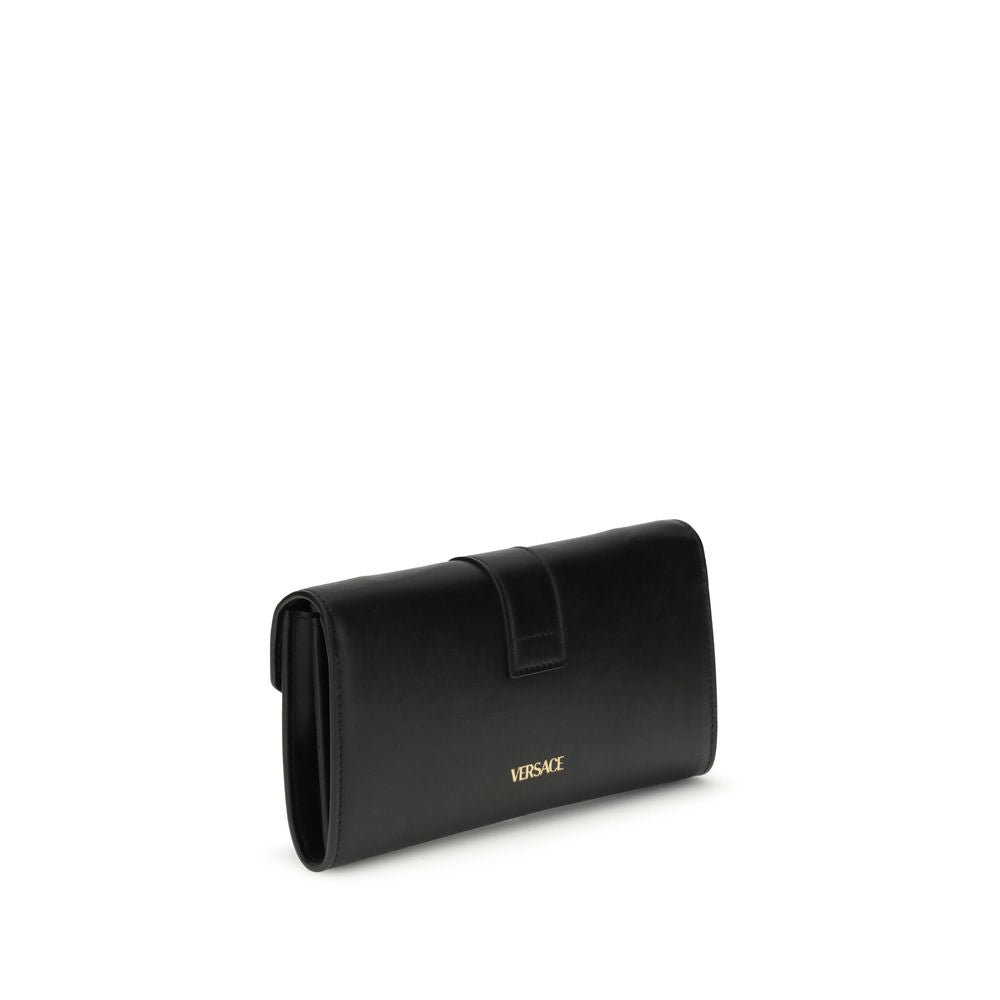 Back view of Versace Chain Wallet featuring minimalist black leather finish and subtle gold Versace logo, perfect for chic everyday use.