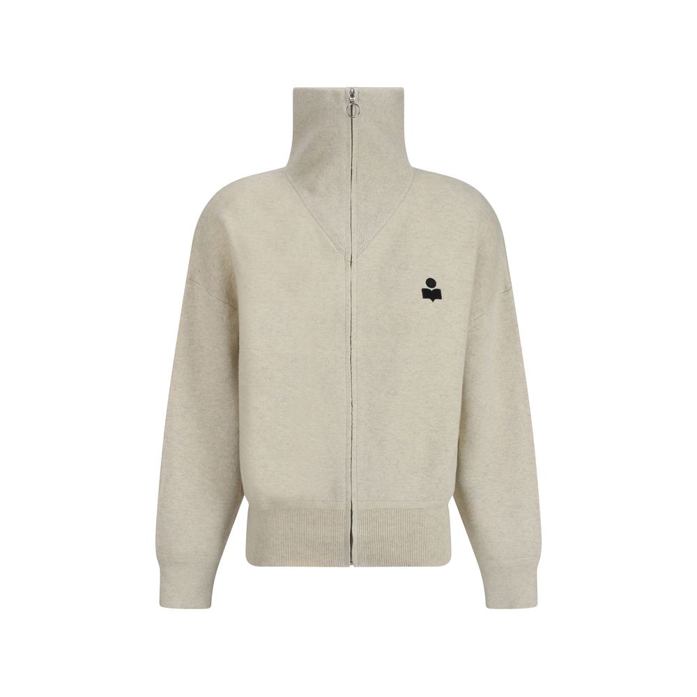 Marant Etoile Axelle Cotton Cardigan in light beige with high collar, front zip closure, and black logo on chest. Women's casual cotton sweater.