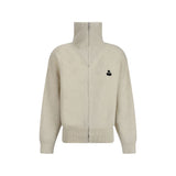Marant Etoile Axelle Cotton Cardigan in light beige with high collar, front zip closure, and black logo on chest. Women's casual cotton sweater.