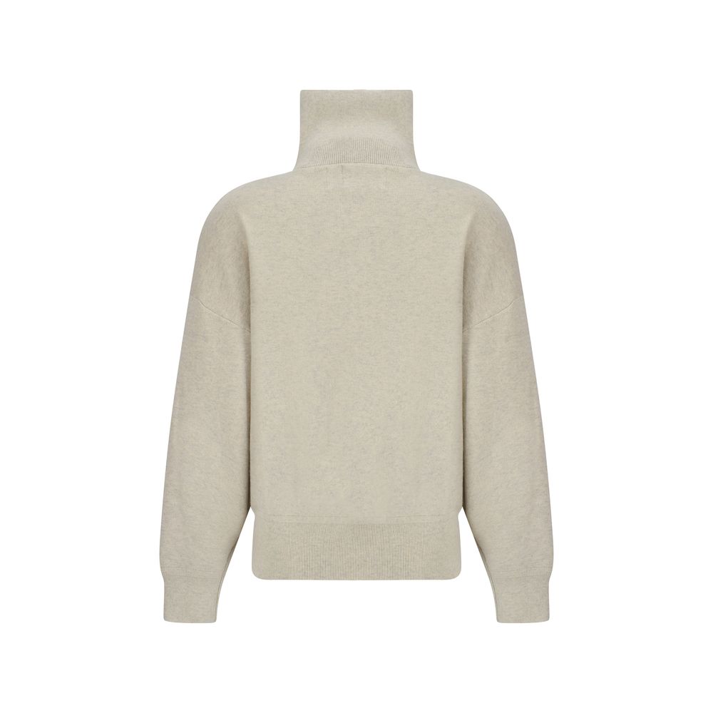 Back view of Marant Etoile Axelle Cotton Cardigan in beige, showcasing relaxed fit, ribbed hem, and long sleeves. Ideal for layering in cool weather.