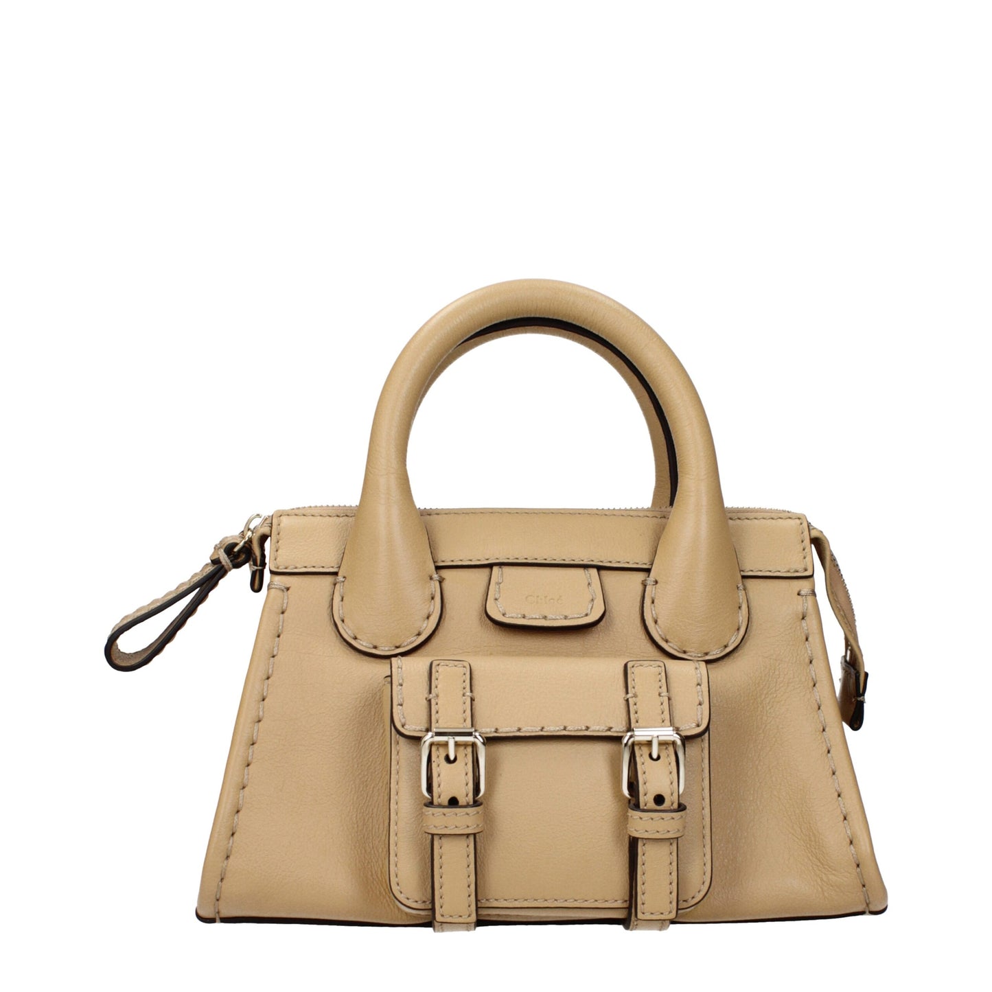 Chloé beige leather handbag with dual buckle front detail and top handles, ideal for women’s luxury fashion and accessories category.
