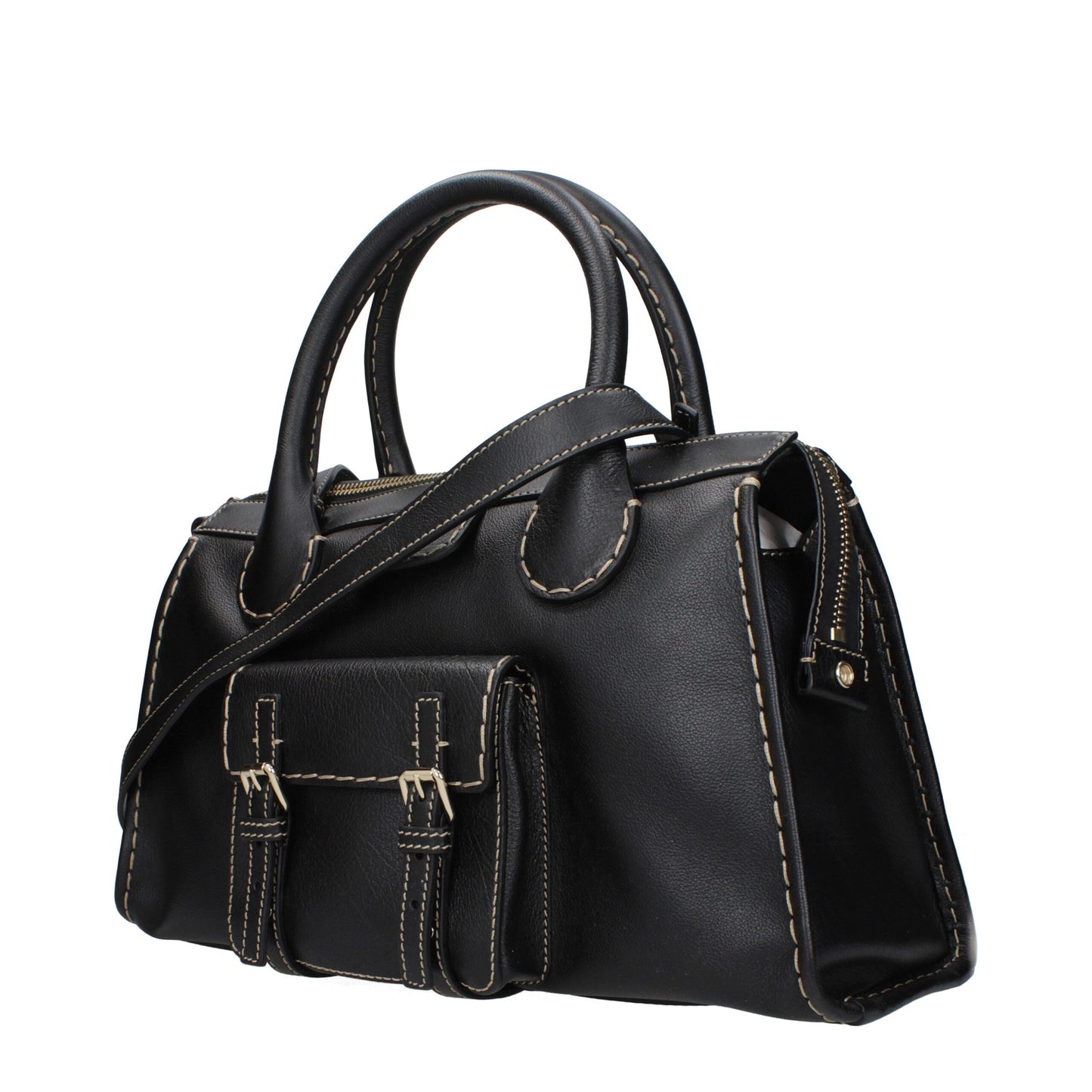 Chloé black leather handbag with contrast stitching, top handles, and front flap pocket, ideal for women's luxury accessories collection.