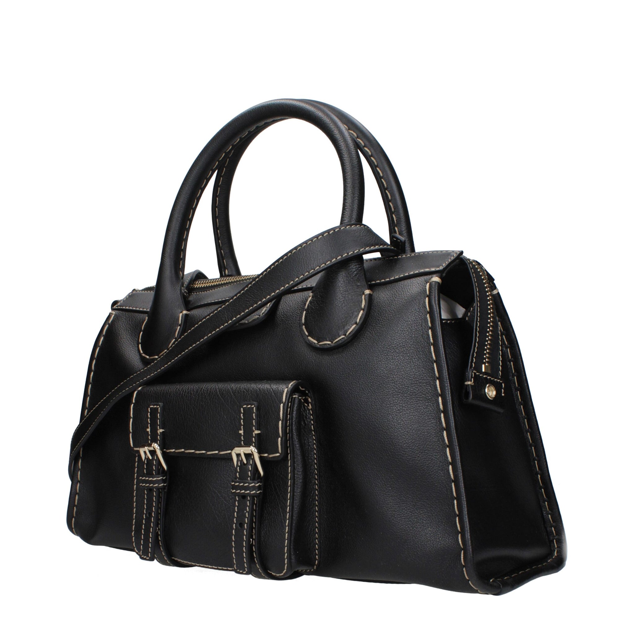 Chloé black leather handbag with contrast stitching, top handles, and front flap pocket, ideal for women's luxury accessories collection.