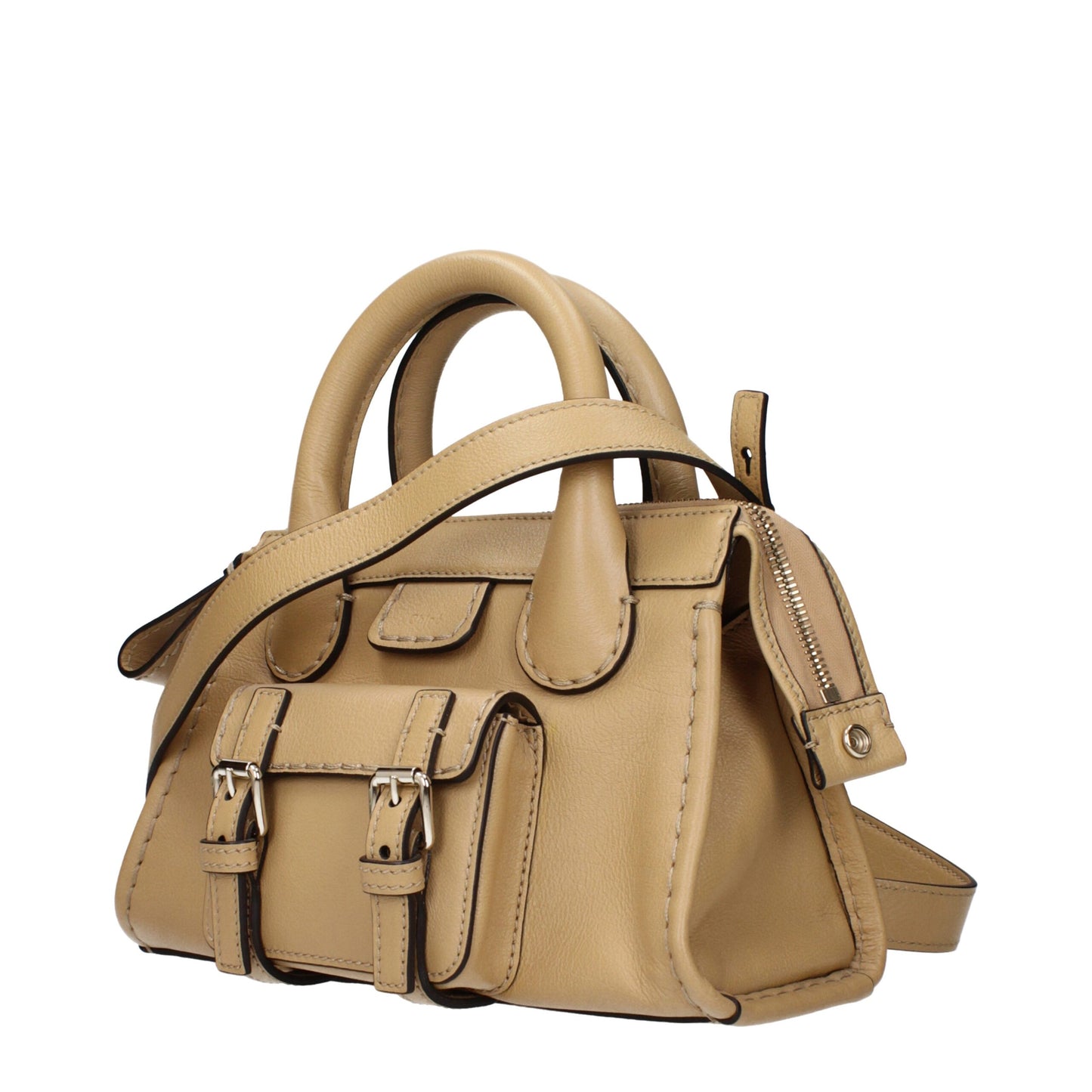 Side view of Chloé beige leather handbag featuring structured silhouette, zip closure, and detachable shoulder strap for versatile styling.