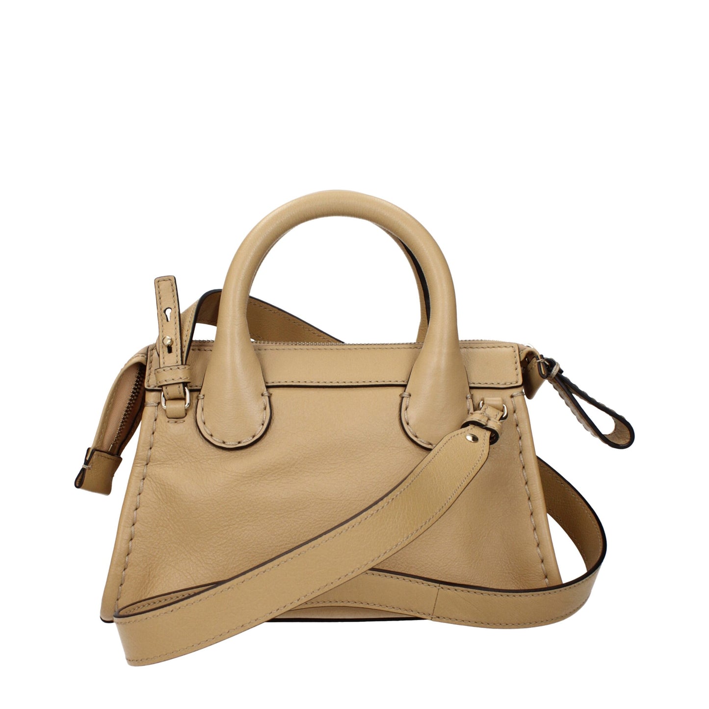 Back view of Chloé beige leather handbag with smooth finish and adjustable crossbody strap, perfect for women’s designer bags collection.
