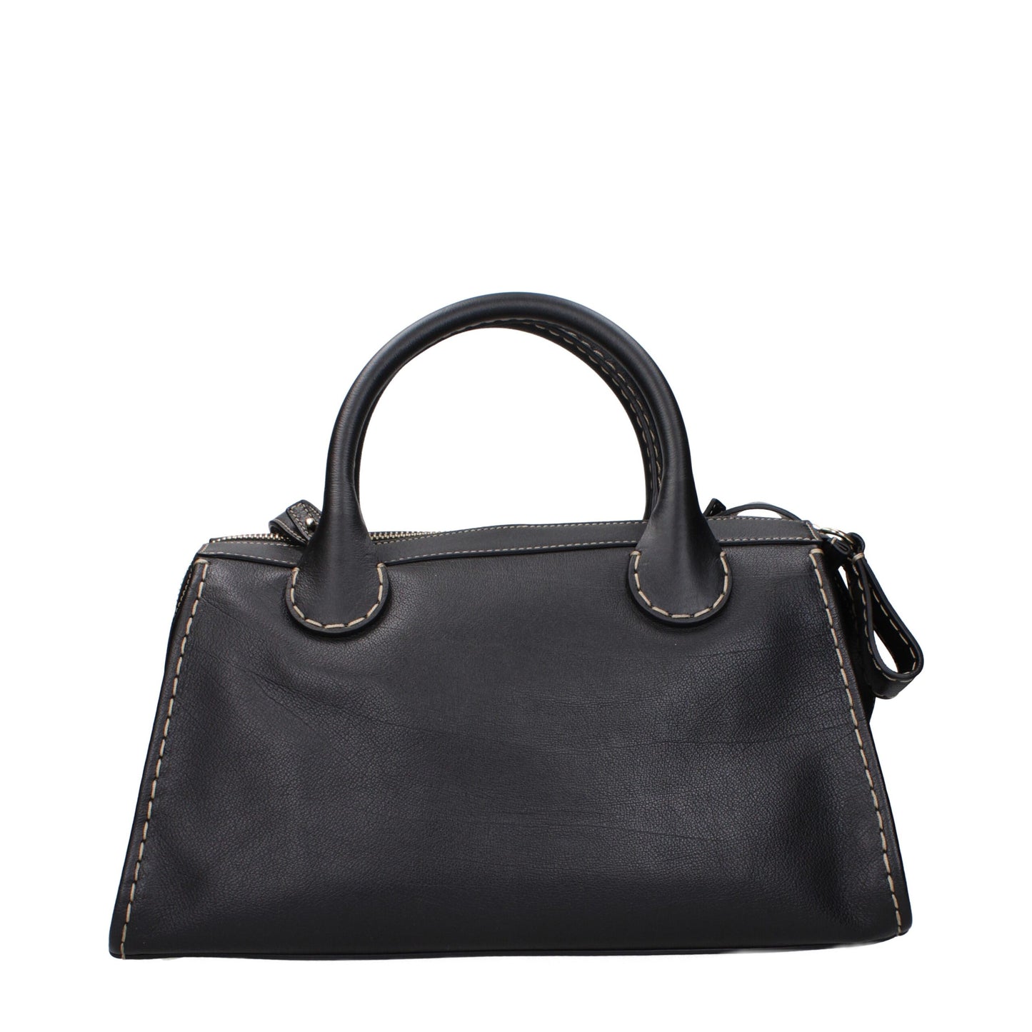 Rear view of Chloé black leather handbag showcasing smooth finish and structured silhouette, perfect for elegant women's fashion.