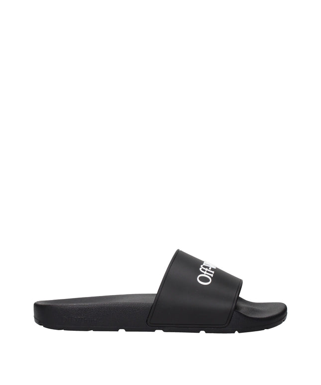 Off-White Black Cotton Slippers Sandals in side profile showing minimalist design and bold logo strap, ideal for casual men's footwear.