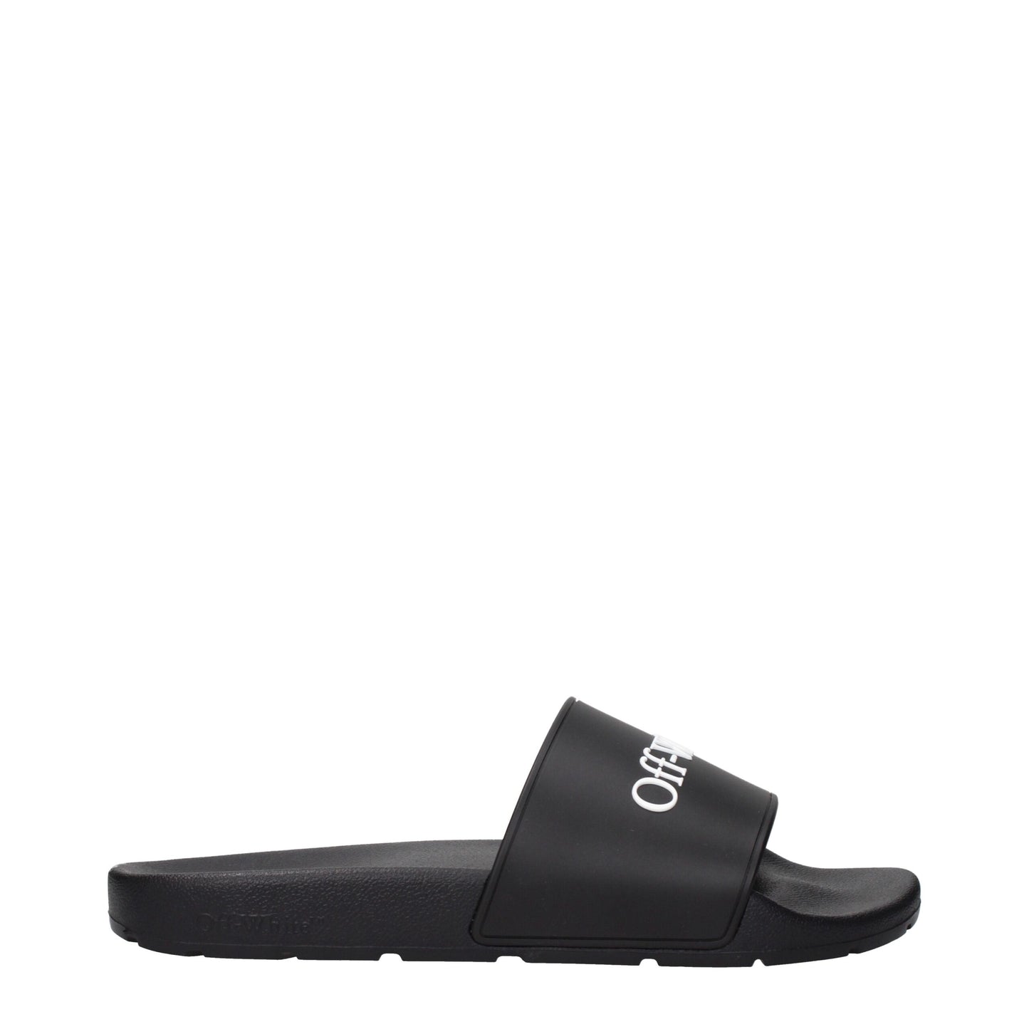 Off-White Black Cotton Slippers Sandals in side profile showing minimalist design and bold logo strap, ideal for casual men's footwear.