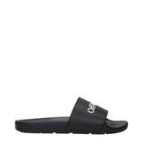 Off-White Black Cotton Slippers Sandals in side profile showing minimalist design and bold logo strap, ideal for casual men's footwear.