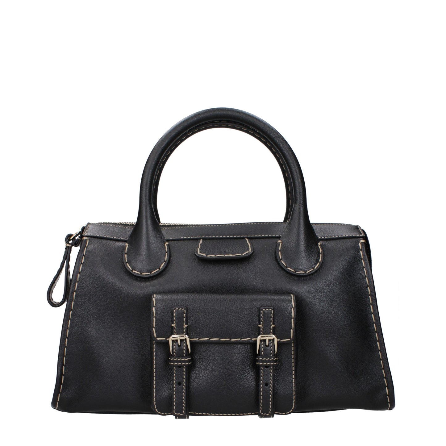 Front view of Chloé black leather handbag featuring dual buckle flap pocket and white stitching, stylish choice for women's designer bags.