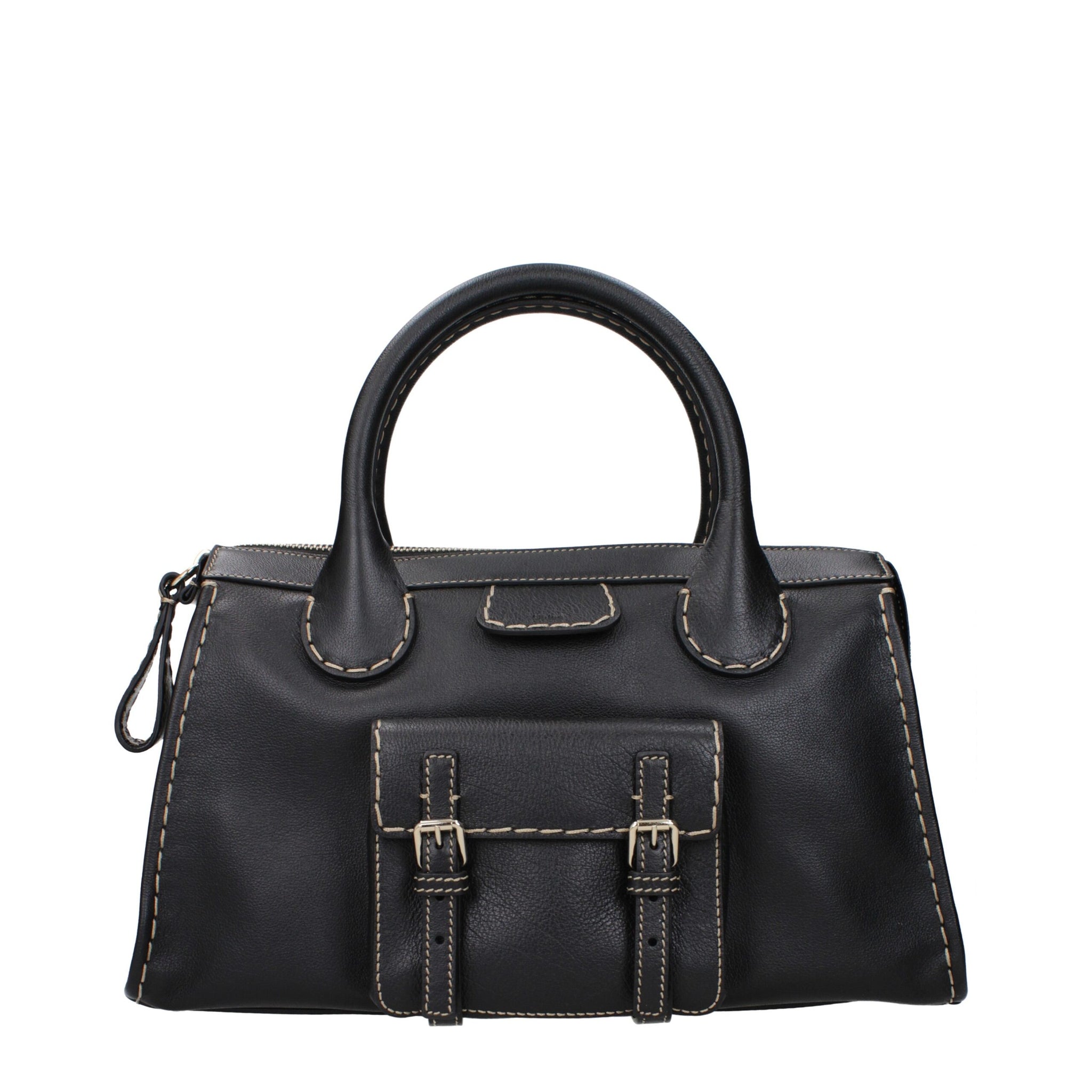 Front view of Chloé black leather handbag featuring dual buckle flap pocket and white stitching, stylish choice for women's designer bags.