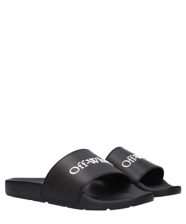 Pair of Off-White Black Cotton Slippers Sandals angled to show front and side, featuring ergonomic footbed and signature branding.