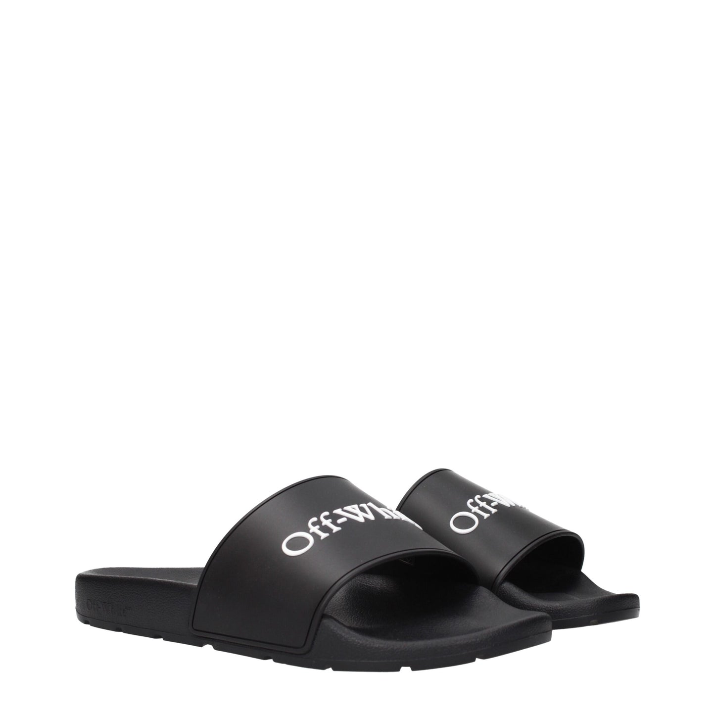 Pair of Off-White Black Cotton Slippers Sandals angled to show front and side, featuring ergonomic footbed and signature branding.