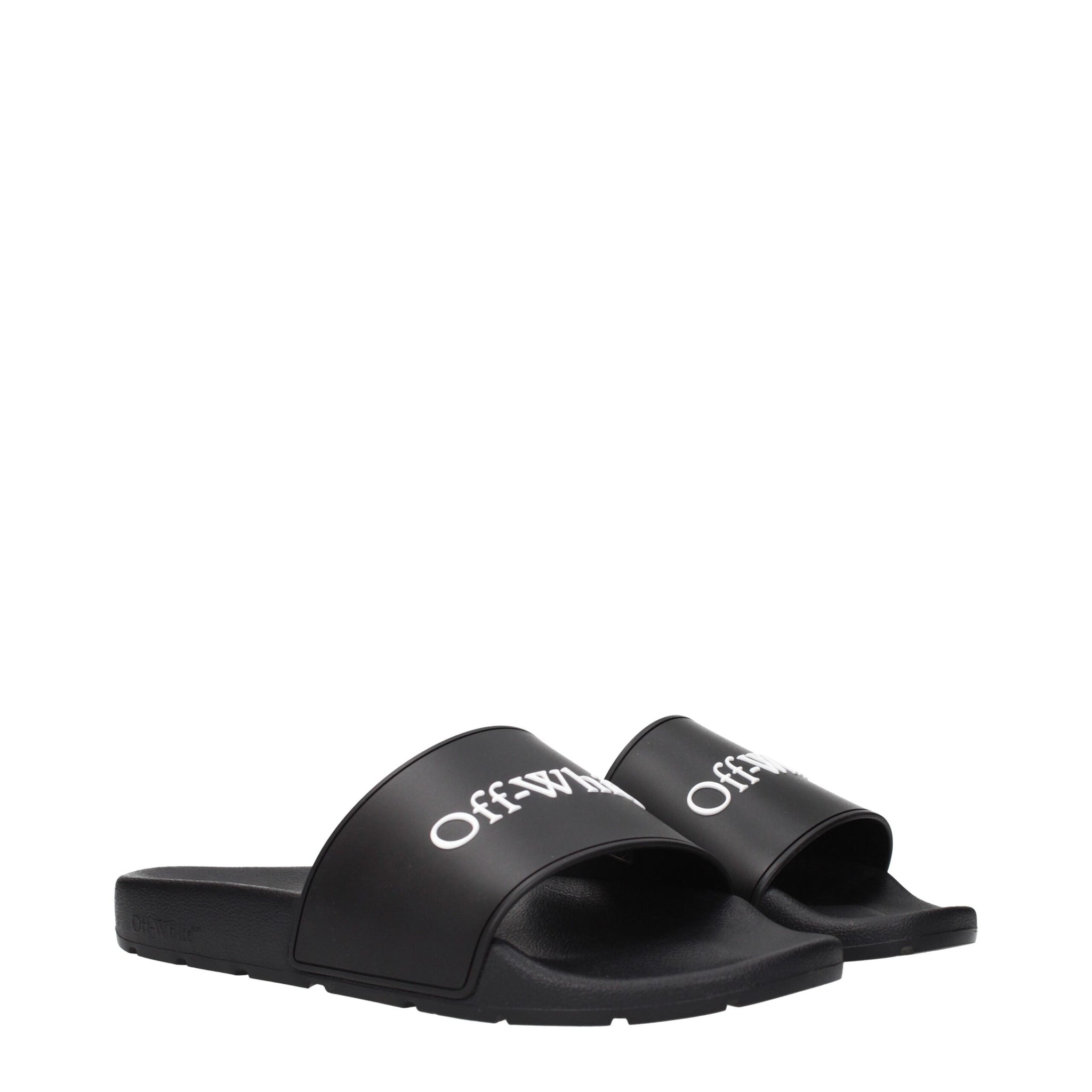 Pair of Off-White Black Cotton Slippers Sandals angled to show front and side, featuring ergonomic footbed and signature branding.