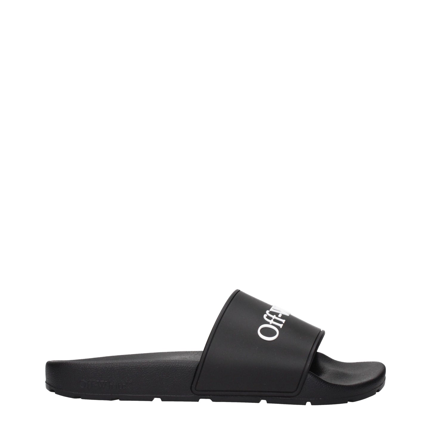 Off-White Black Cotton Slippers Sandals in side profile showing sleek black design with bold white logo on strap, ideal for casual wear.