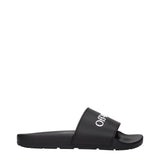 Off-White Black Cotton Slippers Sandals in side profile showing sleek black design with bold white logo on strap, ideal for casual wear.
