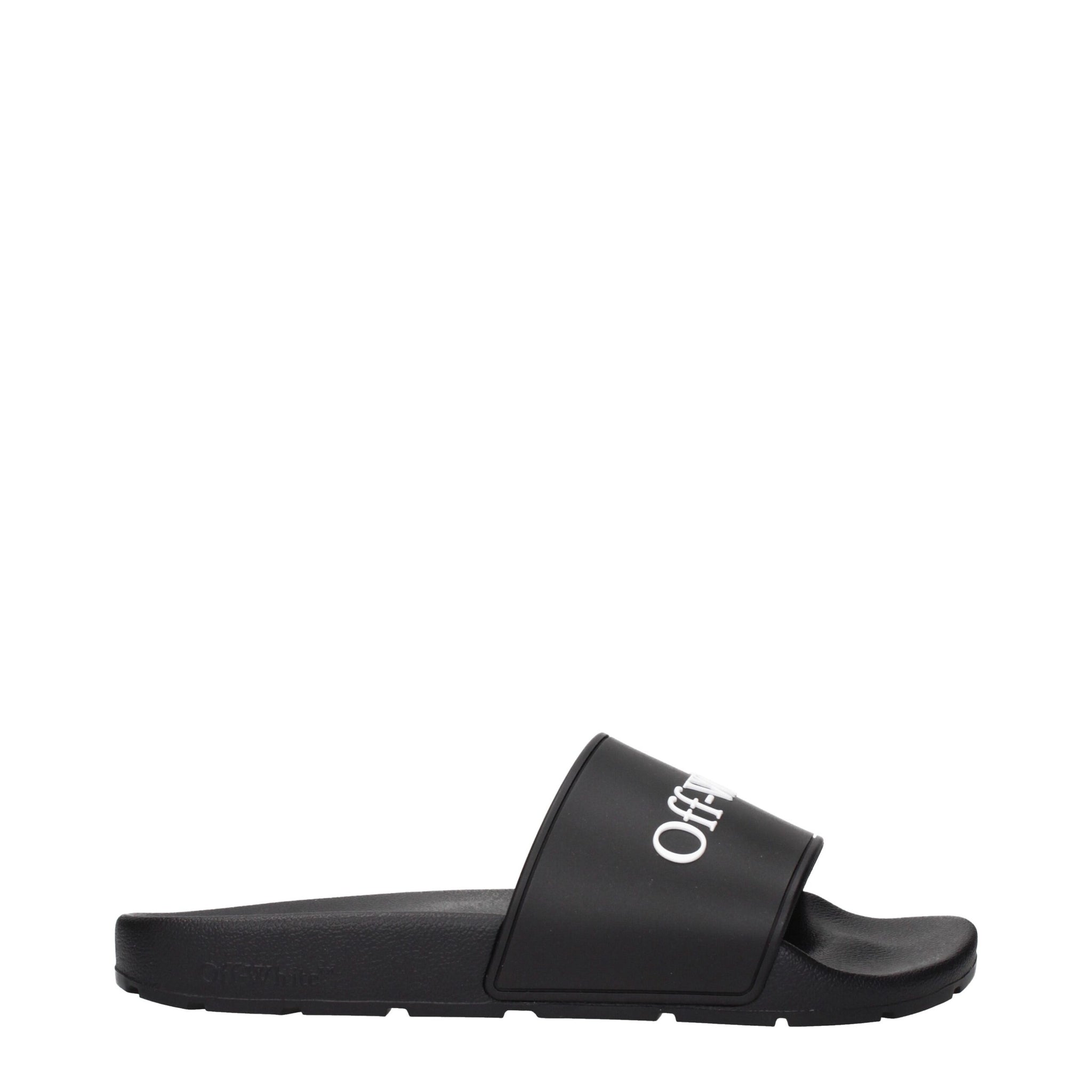 Off-White Black Cotton Slippers Sandals in side profile showing sleek black design with bold white logo on strap, ideal for casual wear.