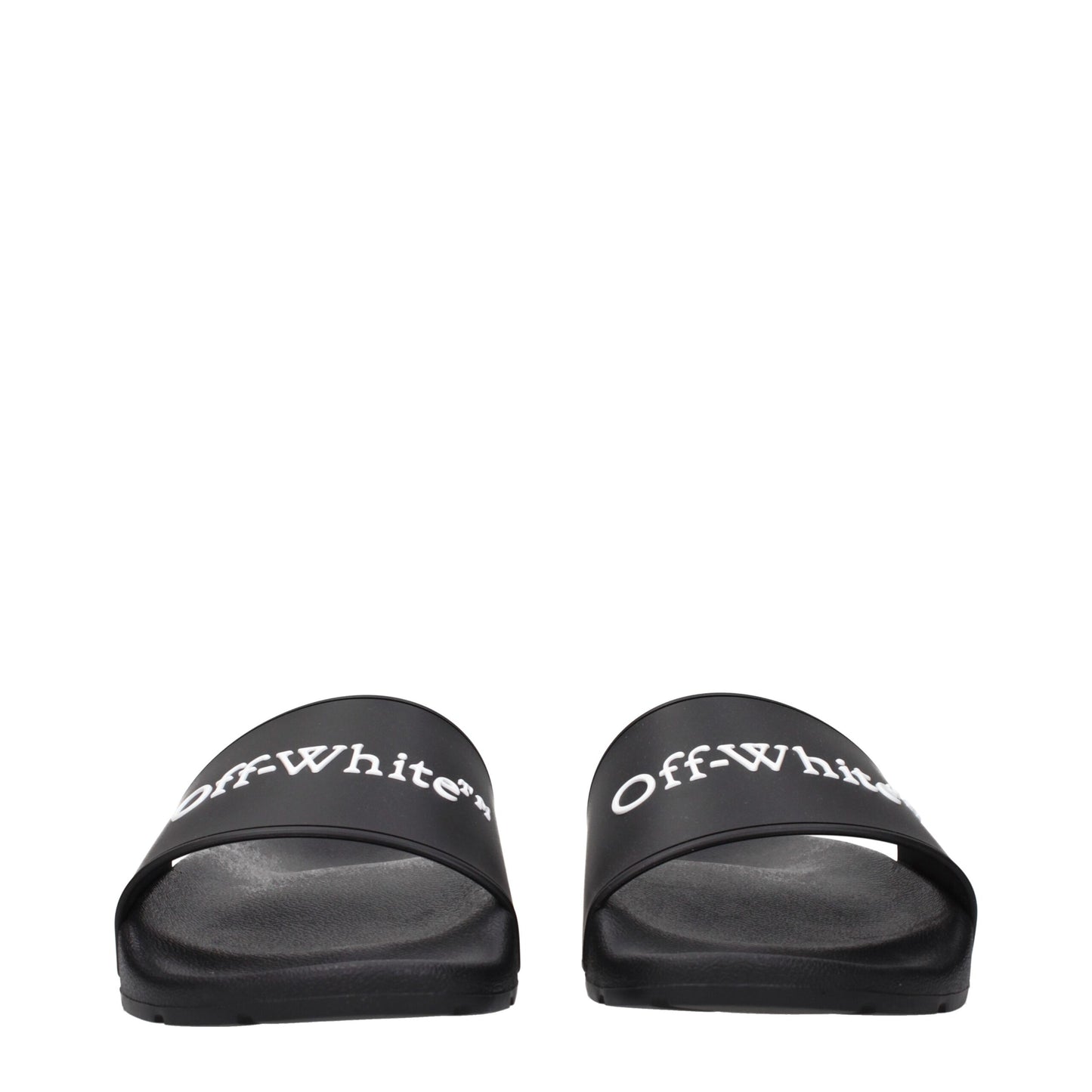 Front view of Off-White Black Cotton Slippers Sandals highlighting wide strap with white Off-White logo for stylish streetwear appeal.