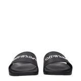 Front view of Off-White Black Cotton Slippers Sandals highlighting wide strap with white Off-White logo for stylish streetwear appeal.