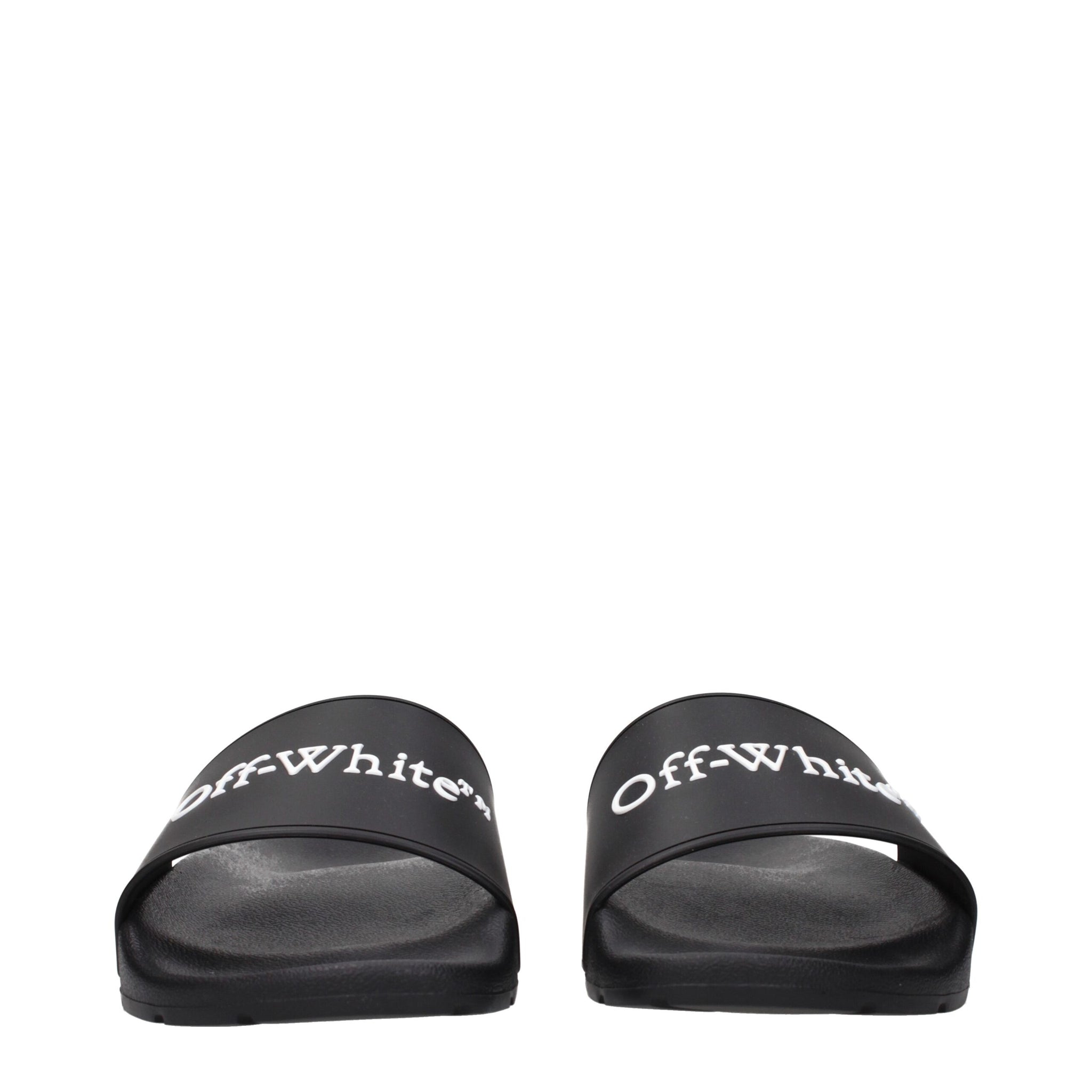 Front view of Off-White Black Cotton Slippers Sandals highlighting wide strap with white Off-White logo for stylish streetwear appeal.