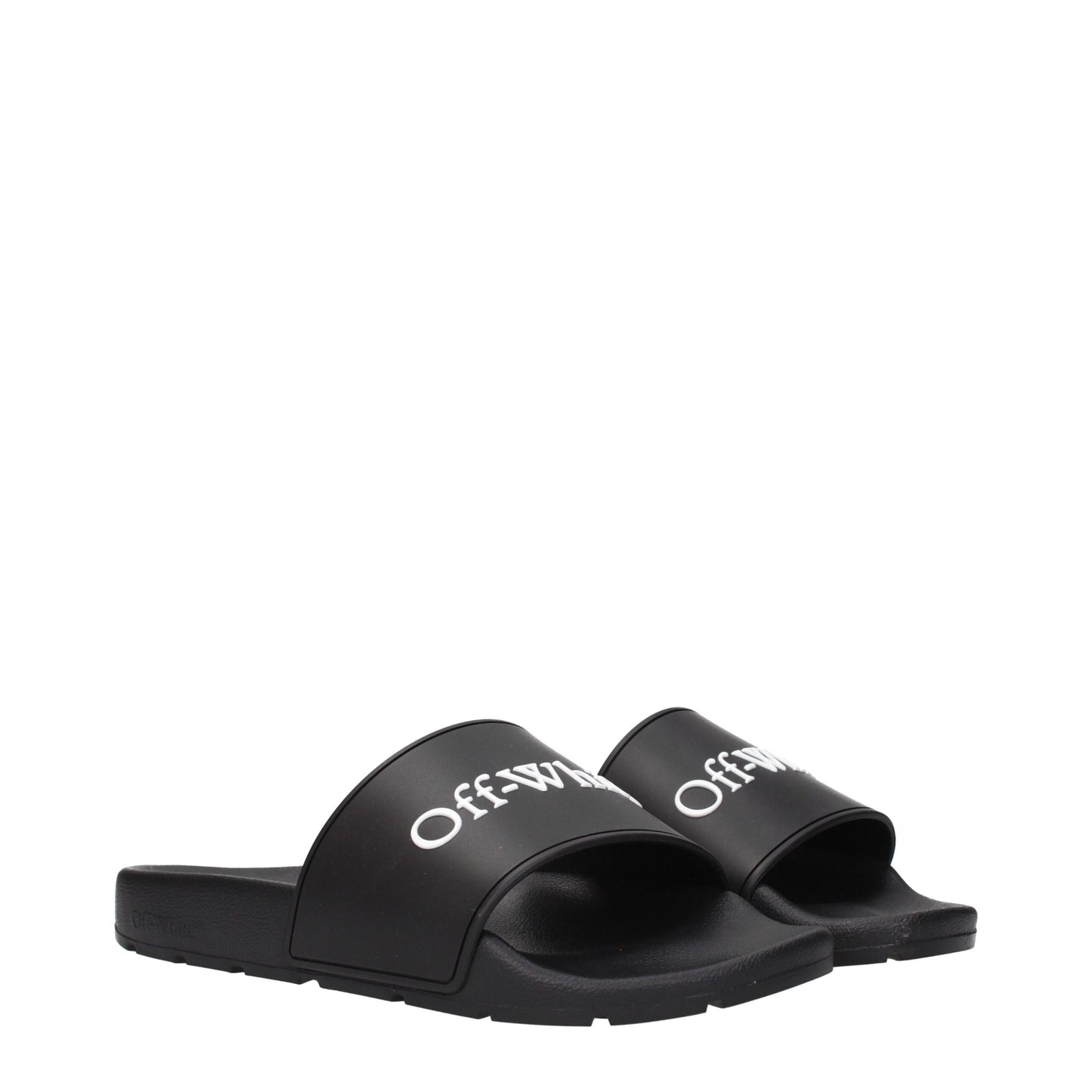 Off-White Black Cotton Slippers Sandals angled front view highlighting cushioned footbed and wide branded strap for comfort and style.