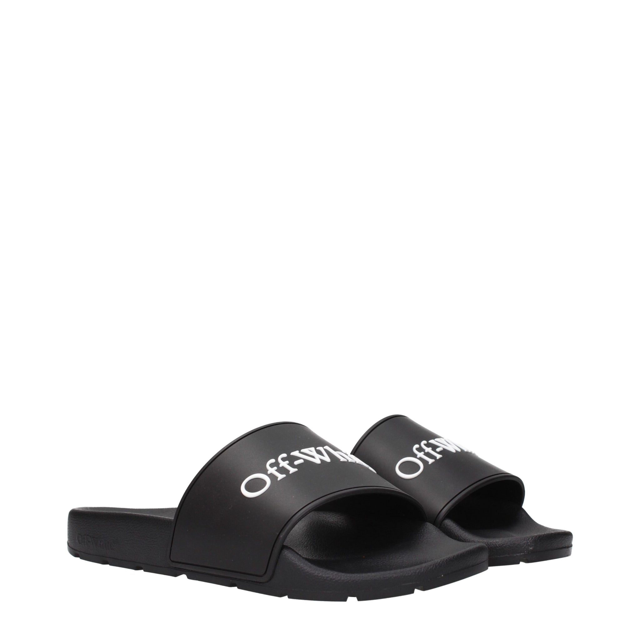 Off-White Black Cotton Slippers Sandals angled front view highlighting cushioned footbed and wide branded strap for comfort and style.