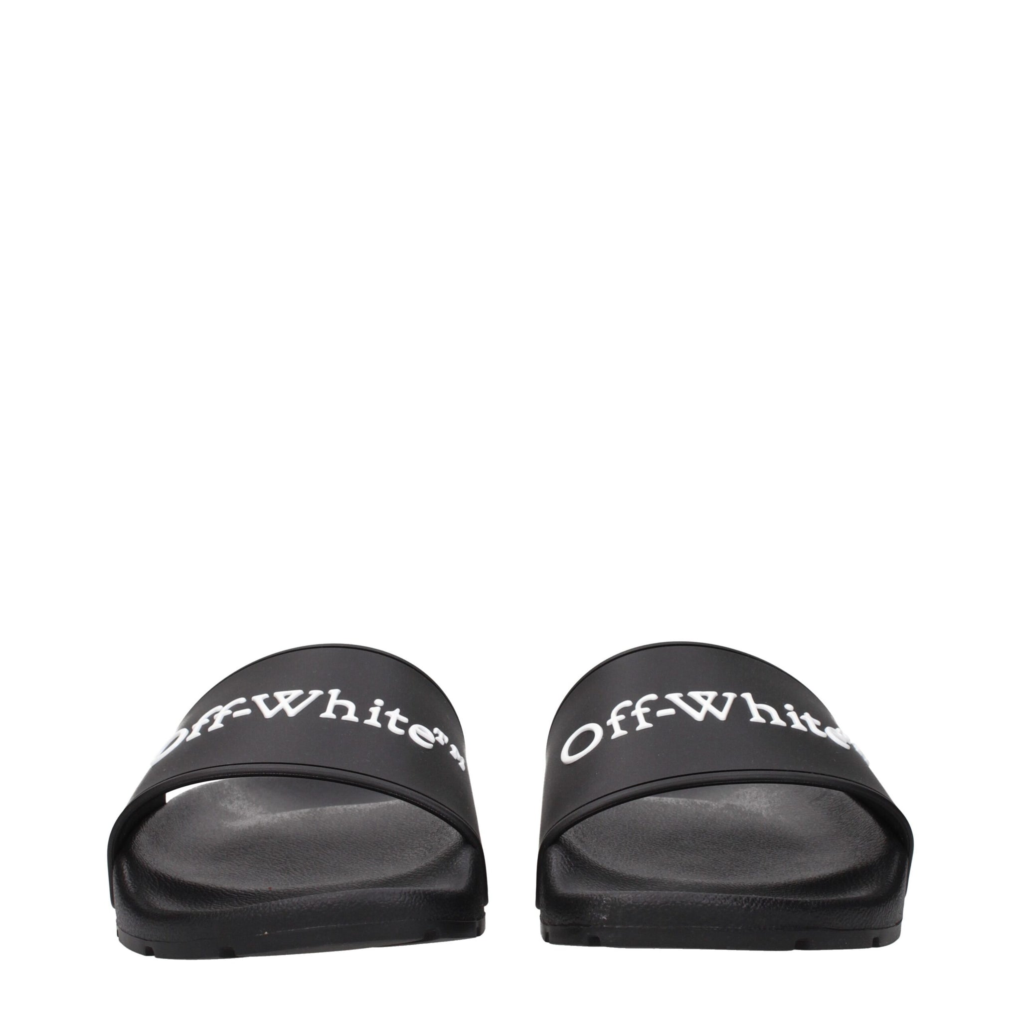 Off-White Black Cotton Slippers Sandals front view displaying symmetrical logo placement and ergonomic footbed for everyday use.
