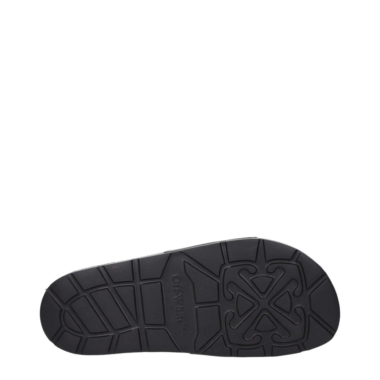 Sole view of Off-White Black Cotton Slippers Sandals displaying textured outsole with embossed logo for grip and brand authenticity.