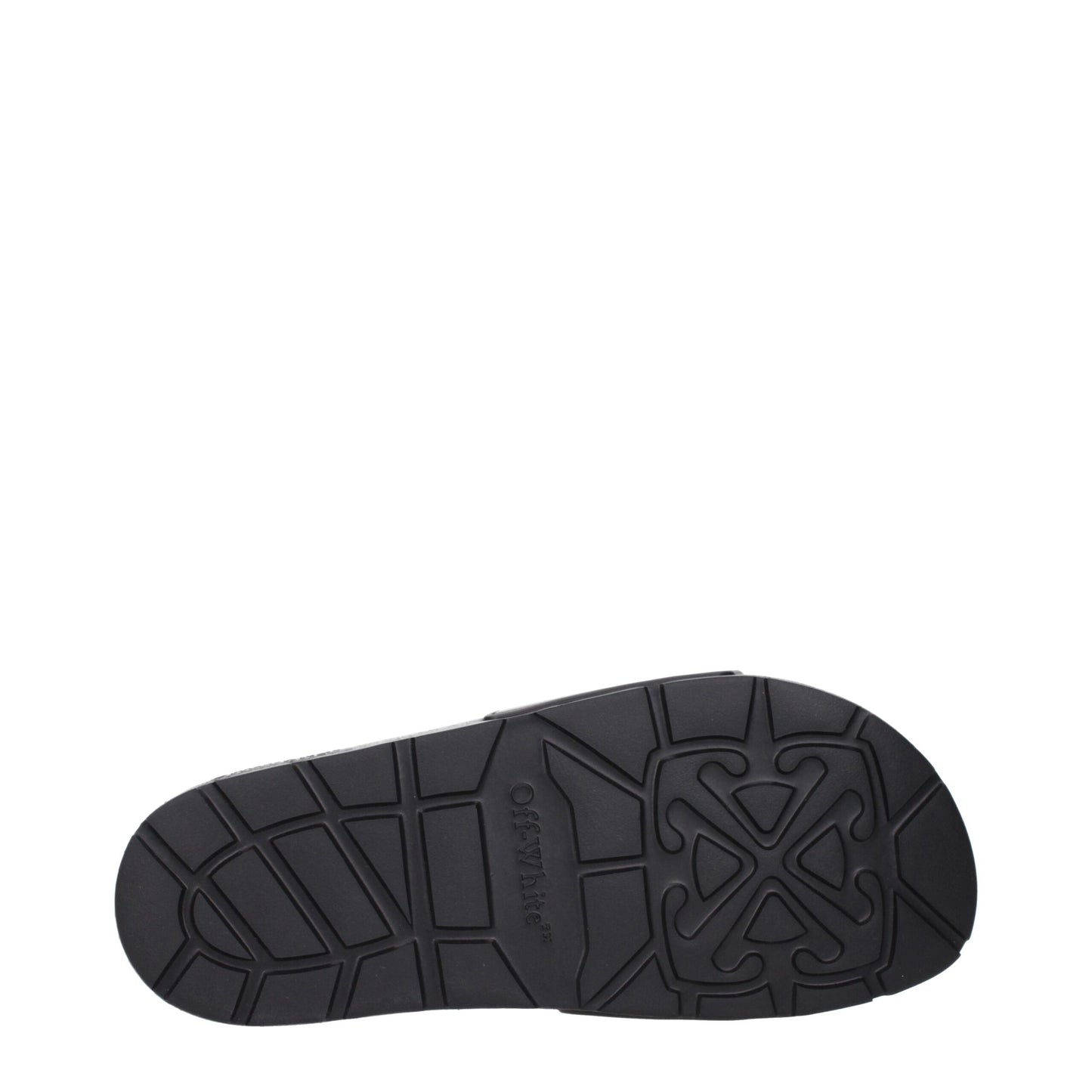 Off-White Black Cotton Slippers Sandals outsole view featuring textured grip and signature Off-White logo for added brand appeal.