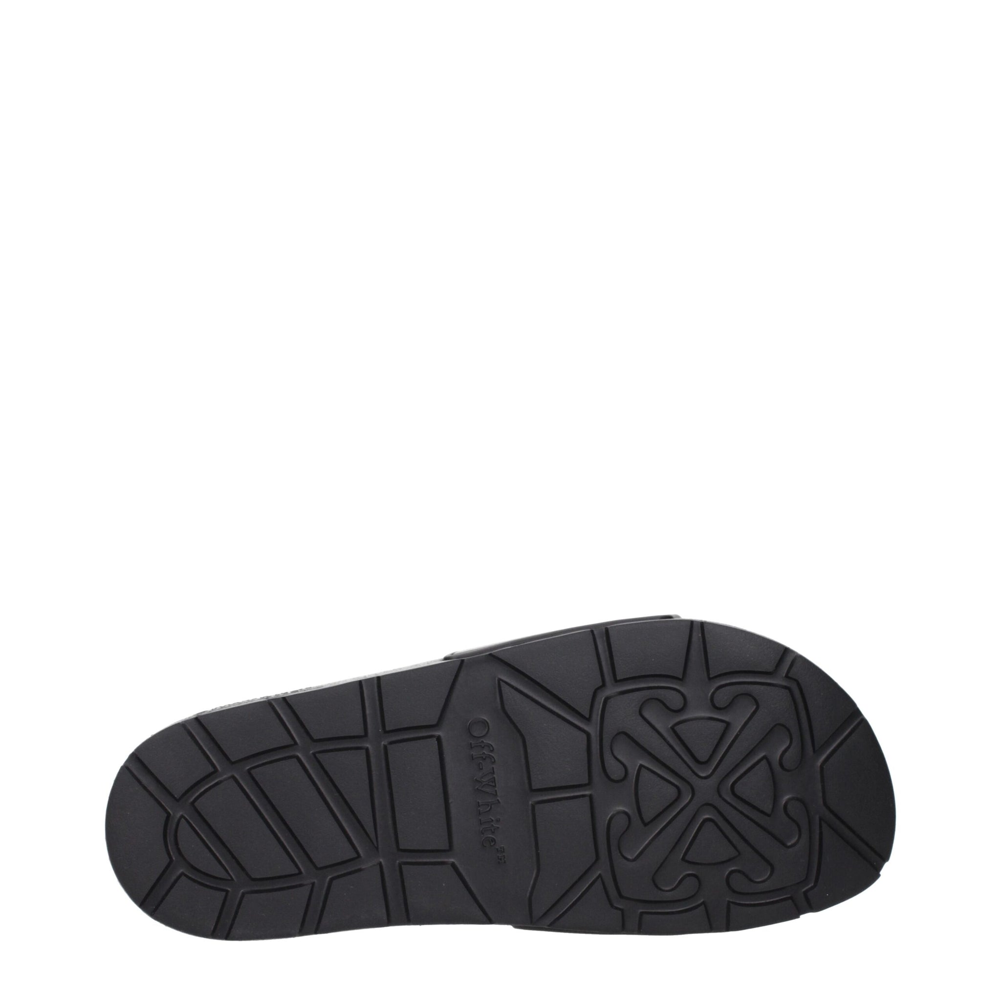 Off-White Black Cotton Slippers Sandals outsole view featuring textured grip and signature Off-White logo for added brand appeal.