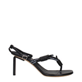 Off-White Black Leather Flip-Flop Sandals with high stiletto heel and signature 'SHOELACES' text on straps, size EU39/US9.