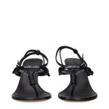 Front view of Off-White Black Leather Flip-Flop Sandals showcasing the toe thong and detailed 'SHOELACES' branding on the upper straps.