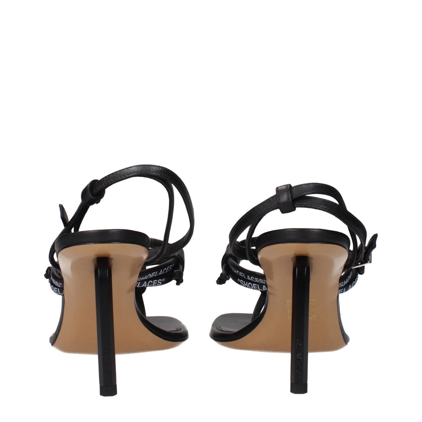 Rear view of Off-White Black Leather Flip-Flop Sandals highlighting the slim stiletto heel and adjustable ankle straps for a secure fit.