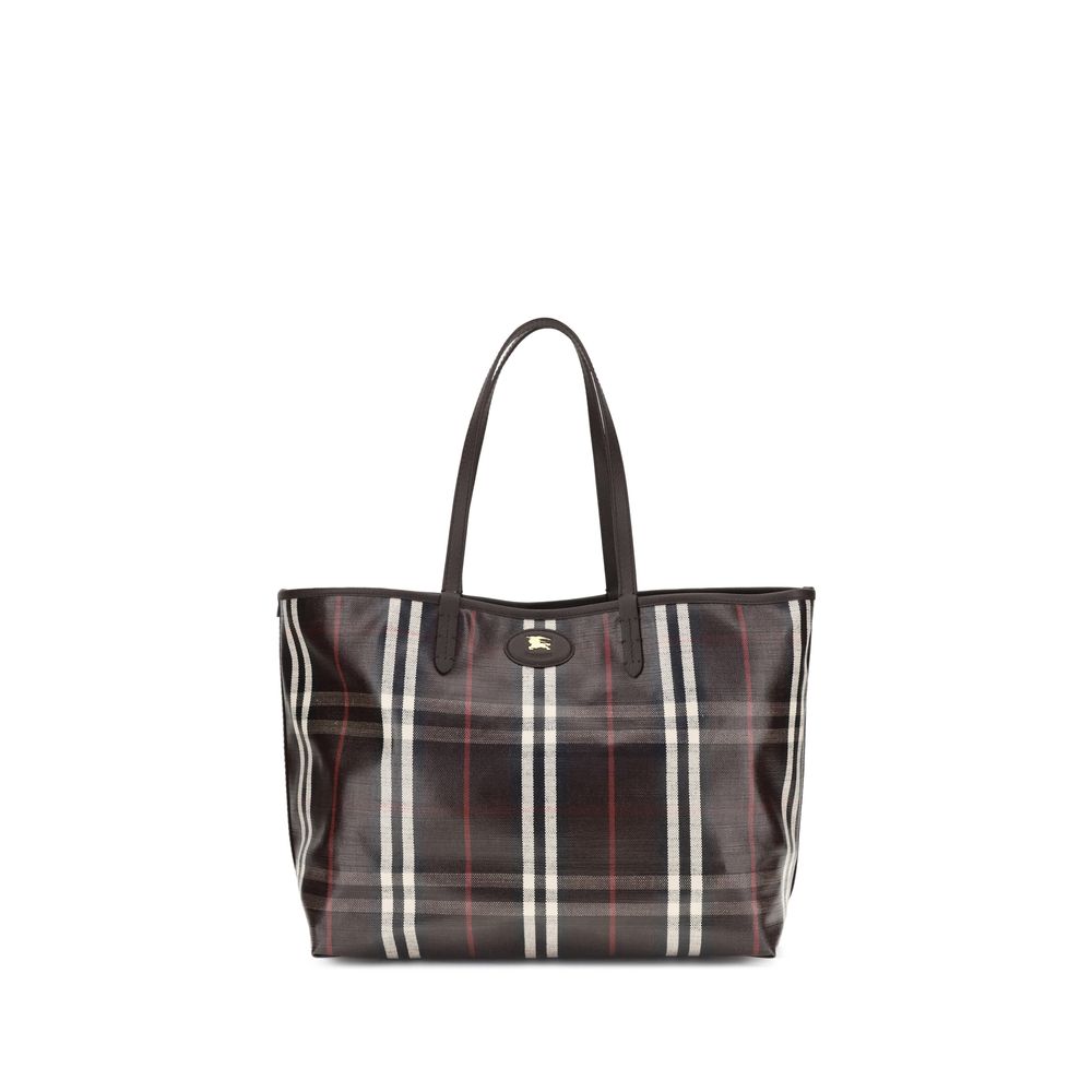 Burberry Medium Highlands Tote Bag in multicolor plaid with leather handles, ideal for women's shoulder bag collection.