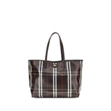 Burberry Medium Highlands Tote Bag in multicolor plaid with leather handles, ideal for women's shoulder bag collection.