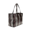 Angled rear view of Burberry Medium Highlands Tote Bag highlighting structured silhouette and iconic Burberry check design.