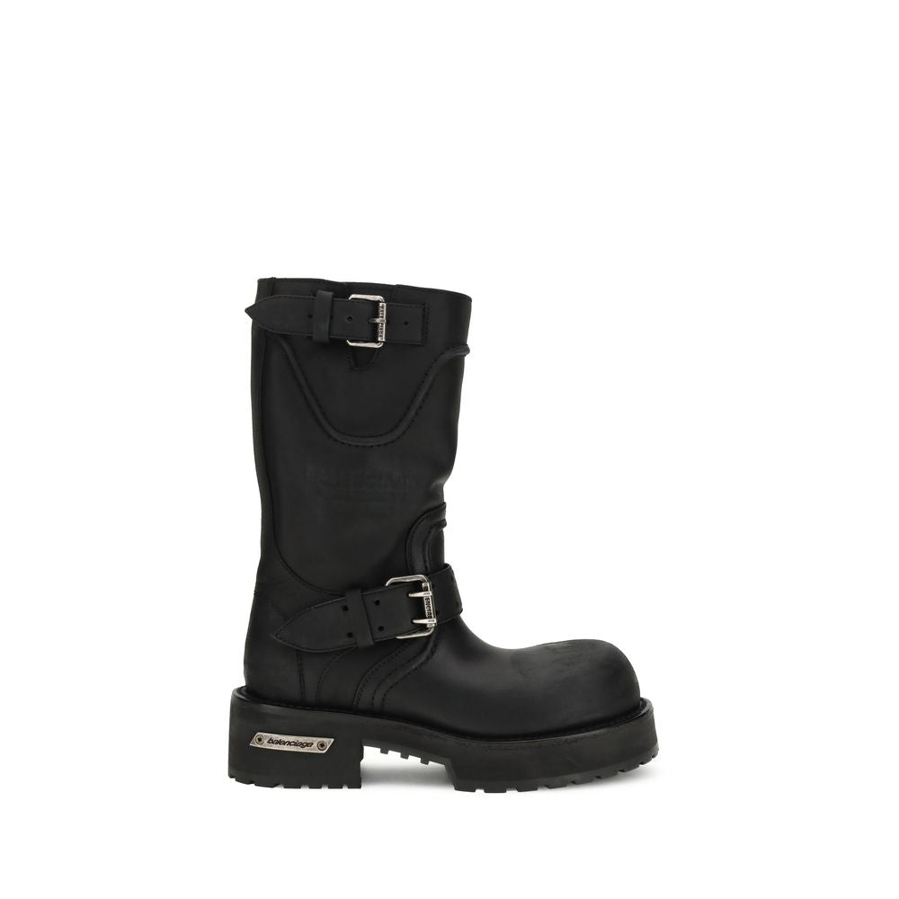 Balenciaga Venom Boots in black leather with dual buckle straps and chunky lug sole, size EU39/US9 for women.