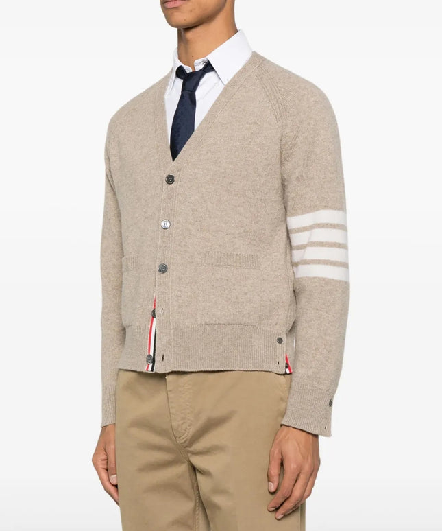 Thom Browne Shetland Wool 4-Bar Relaxed Fit V Neck Cardigan