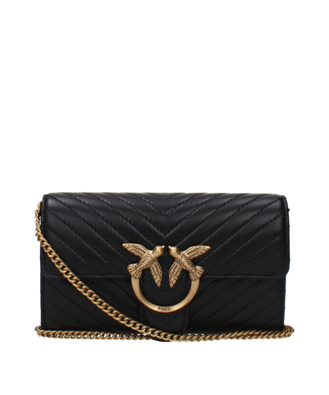 PINKO Black Leather Clutch Bag with gold chain strap and signature bird logo on front flap, ideal for elegant women's evening wear.