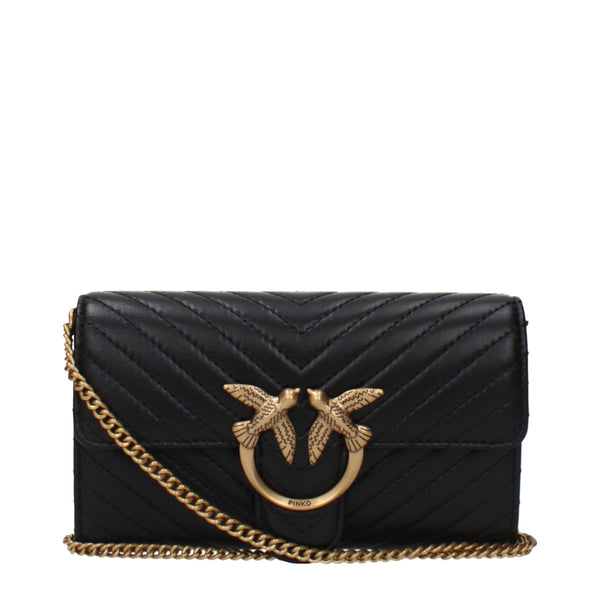 PINKO Black Leather Clutch Bag with gold chain strap and signature bird logo on front flap, ideal for elegant women's evening wear.