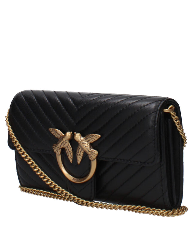 Side view of PINKO Black Leather Clutch Bag featuring quilted chevron pattern and gold-tone hardware for a chic, luxury accessory look.