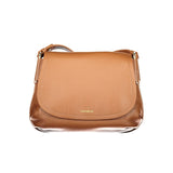 Coccinelle Brown Leather Handbag with flap closure and gold logo detail, featuring a structured front design. Ideal for women's fashion accessories.