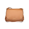 Coccinelle Brown Leather Handbag with flap closure and gold logo detail, featuring a structured front design. Ideal for women's fashion accessories.